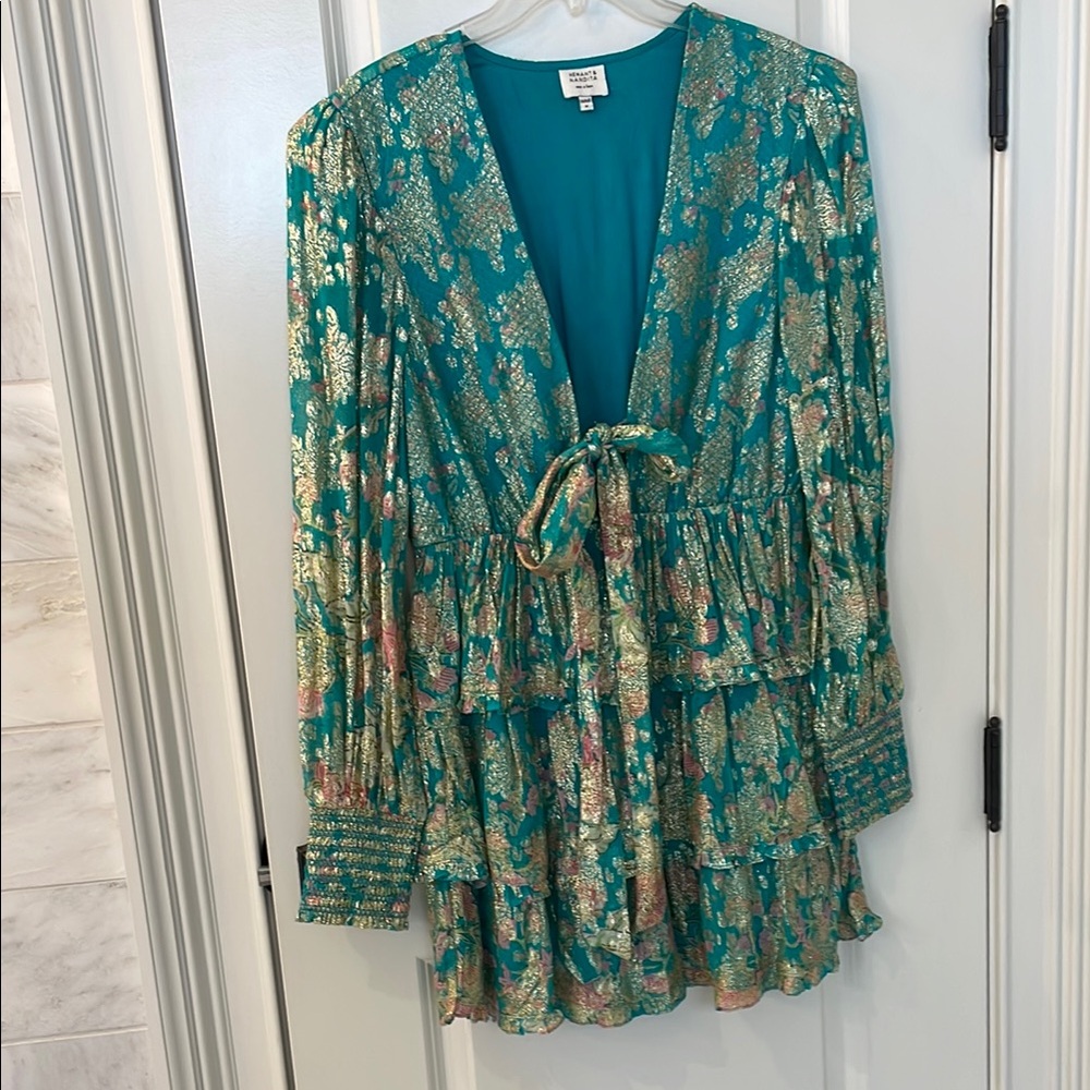 Hemant & Nandita Teal and gold metallic  Floral Print Women's dress